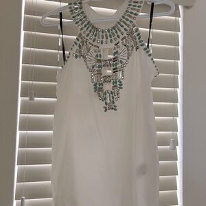 Bebe White Tunic with Silver Beading & Turquoise Embellishments